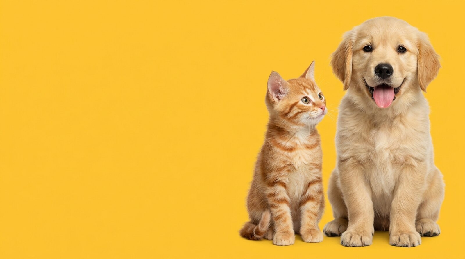 Un chiot golden retriever et un chaton roux assis côte à côte
